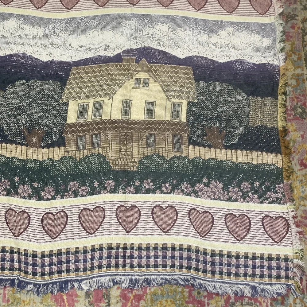 Vintage Cottage Tapestry Throw Blanket Hearts Checkered 52